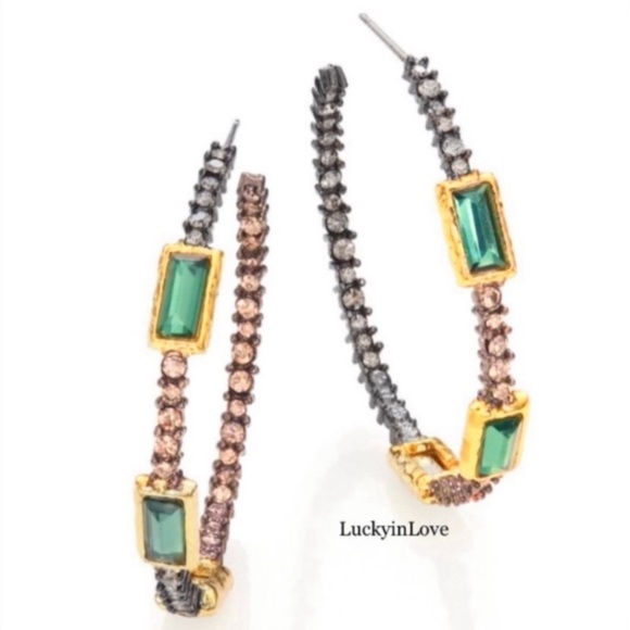 ALEXIS BITTAR• New Elements Teal Green Baguette Stone Crystal Hoop Post Earrings - Picture 8 of 9